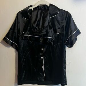 silk black pajama shirt and shorts set